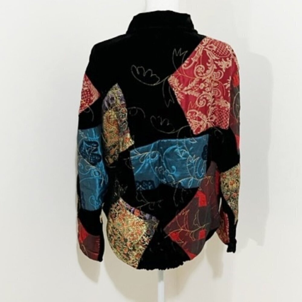 Chico’s Design Embroidered Full Zip Jacket Patchwork Velvet Boho Size 3 = XL - Picture 4 of 7